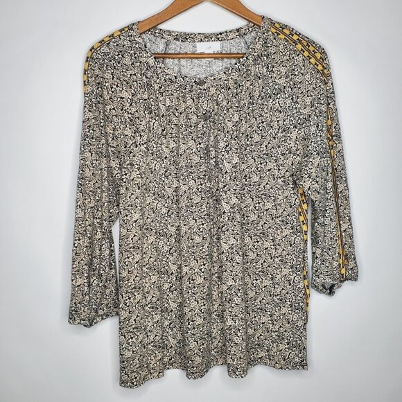 J Jill Womens Floral Popover Blouse Size M 3/4 Sleeve Contrast Trim Boho Tencel - Picture 1 of 8